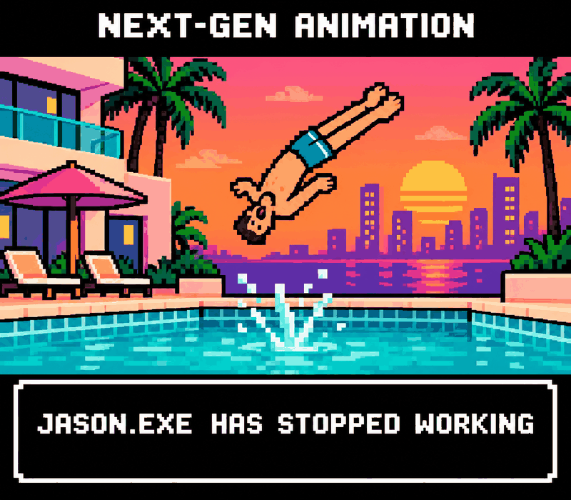 Pixel art: a man doing a stiff awkward backflip into a pool. Label: NEXT-GEN ANIMATION. JASON.EXE HAS STOPPED WORKING.
