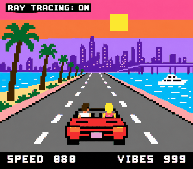Pixel art: a couple in a red convertible driving toward a sunset skyline. Label: RAY TRACING ON. SPEED 080, VIBES 999.
