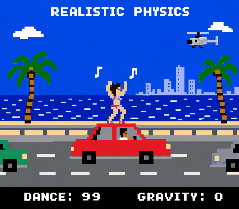 Pixel art: a woman dancing on the roof of a moving red car on a causeway. Label: REALISTIC PHYSICS. DANCE 99, GRAVITY 0.