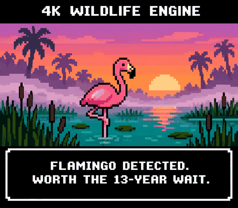 Pixel art: a pink flamingo in a swamp at sunset. Label: 4K WILDLIFE ENGINE. FLAMINGO DETECTED. WORTH THE 13-YEAR WAIT.