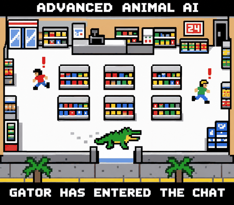 Pixel art: a CCTV view of an alligator walking into a convenience store. Label: ADVANCED ANIMAL AI. GATOR HAS ENTERED THE CHAT.