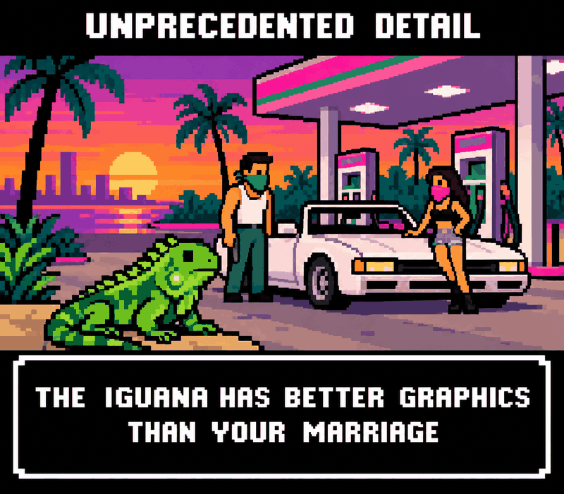 Pixel art: two masked figures and an iguana at a Vice City gas station. Label: UNPRECEDENTED DETAIL. THE IGUANA HAS BETTER GRAPHICS THAN YOUR MARRIAGE.