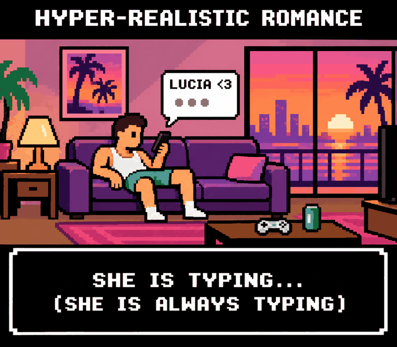 Pixel art: a man slumped on a couch staring at his phone, a text bubble from LUCIA. Label: HYPER-REALISTIC ROMANCE. SHE IS TYPING (SHE IS ALWAYS TYPING).