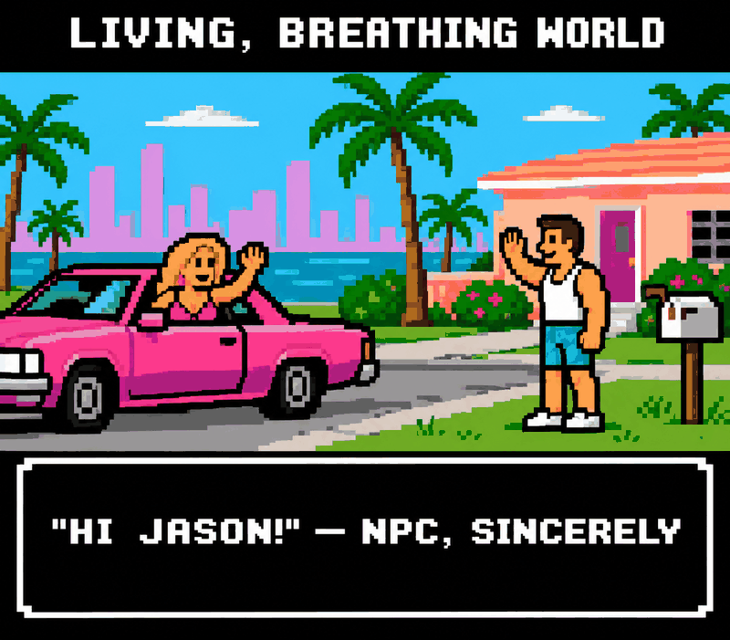 Pixel art: a neighbor waving from a passing car at a man on his lawn. Label: LIVING, BREATHING WORLD. HI JASON! NPC, SINCERELY.