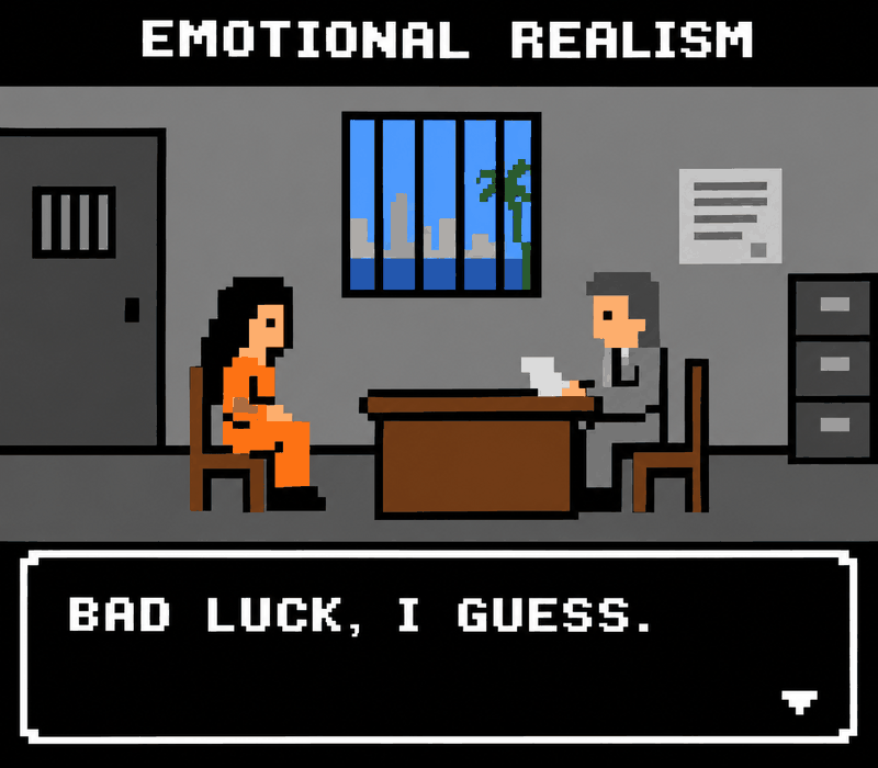 Pixel art: a woman in an orange jumpsuit at a prison desk. Label: EMOTIONAL REALISM. BAD LUCK, I GUESS.