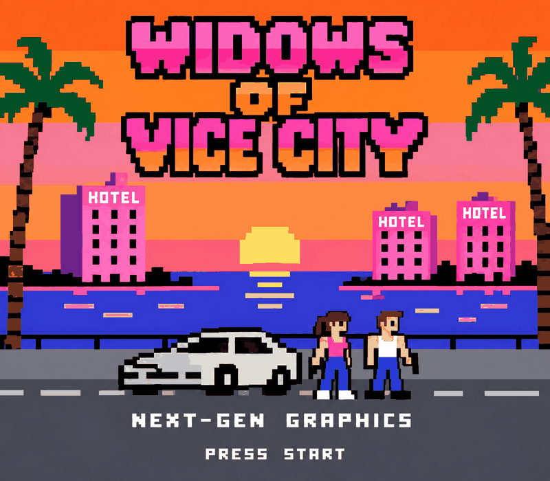 Widows of Vice City. A pixel-art title screen: two figures and a car against a neon sunset, reading NEXT-GEN GRAPHICS, PRESS START.